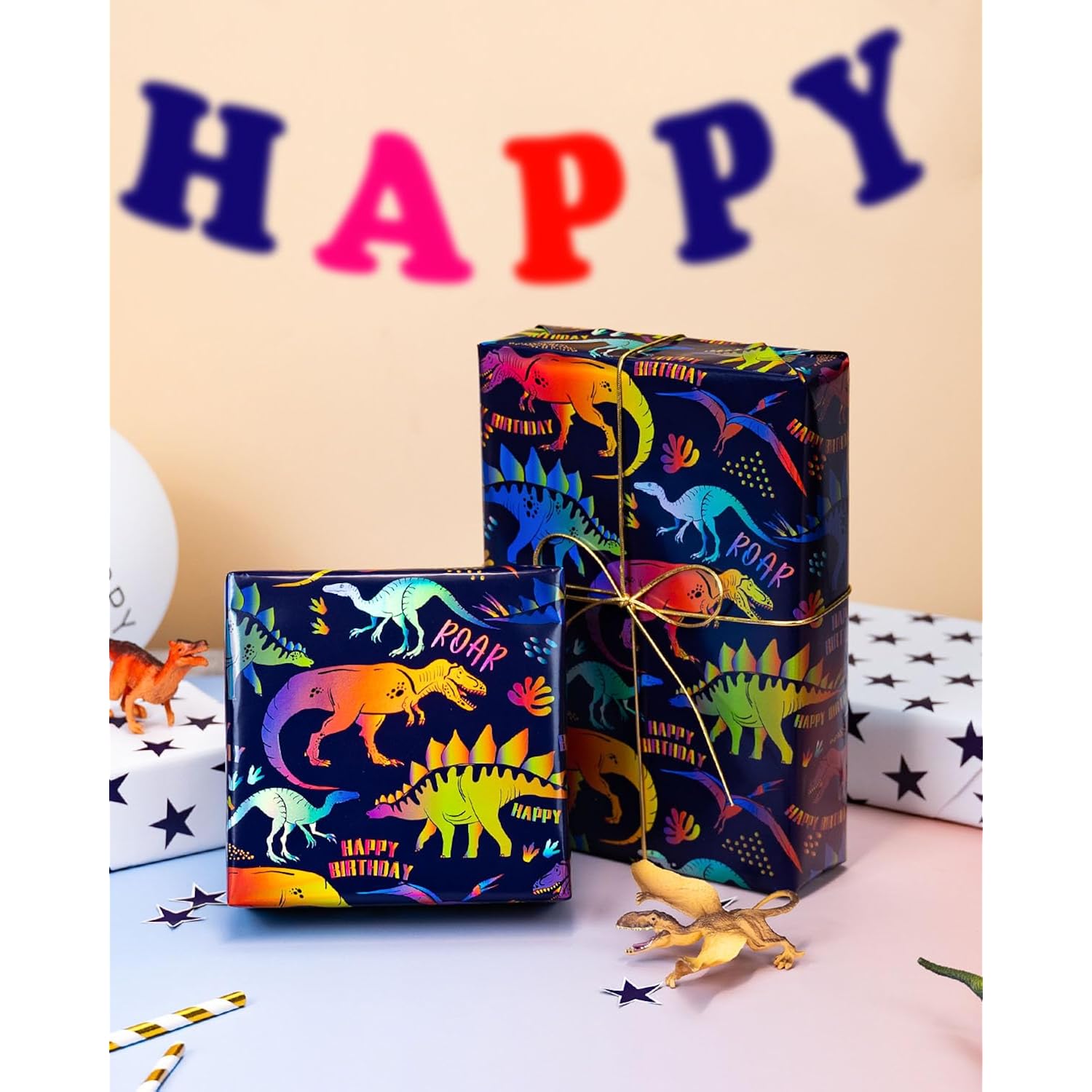 Dinosaur Wrapping Paper Roll,Colorful Dinosaur With Happy Birthday/Roar & Star Reversible Gift Wrap For Kids Birthday, Baby Boy Shower,Party,Celebration - Mini Roll(17 In X 32.8 Ft)