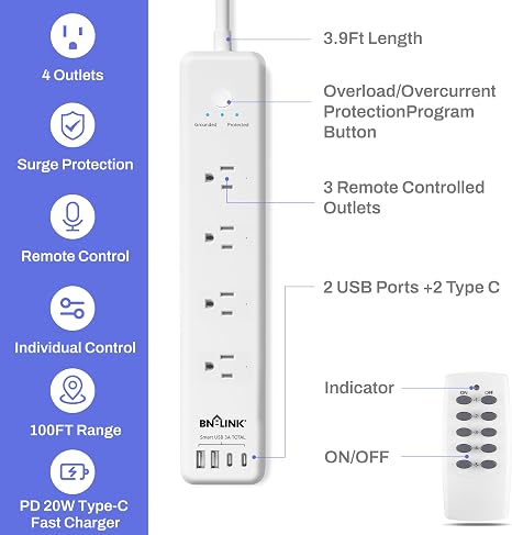 Remote Control Power Strip 4 Independent Outlets 4 USB Ports