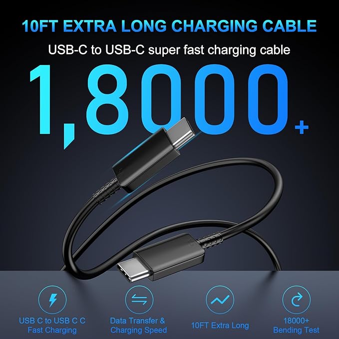 60W USB C Super Fast Charger with 10FT USB C Cable for Samsung Galaxy S26 S25 S24 S23 S22