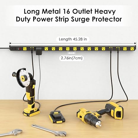 Long Metal 16 Outlet High Amp Power Strip with 4800J Surge Protection and 4FT Cord