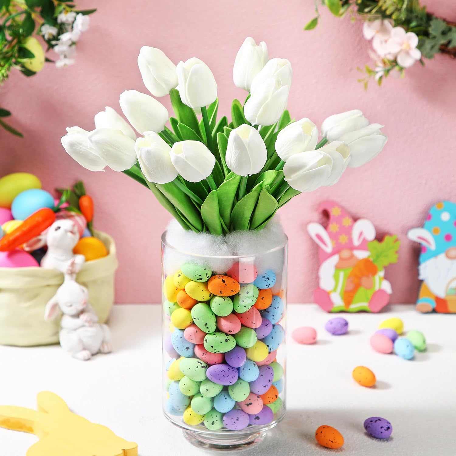 Easter Decorations Flowers Tulip Centerpiece With Vase, Include 20 Pcs Artificial Tulip Pick 120 Pcs Easter Egg 2 Glass Vases 1 Pack Cotton For Spring Table Decor(White)