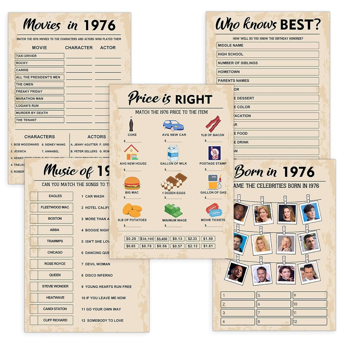 50Th Birthday Party Games, Born In 1976 Games Bundle, Set Of 5 Activities For 10 Guests, Birthday Party Supplies For Adults, Pack Of 50 Cards