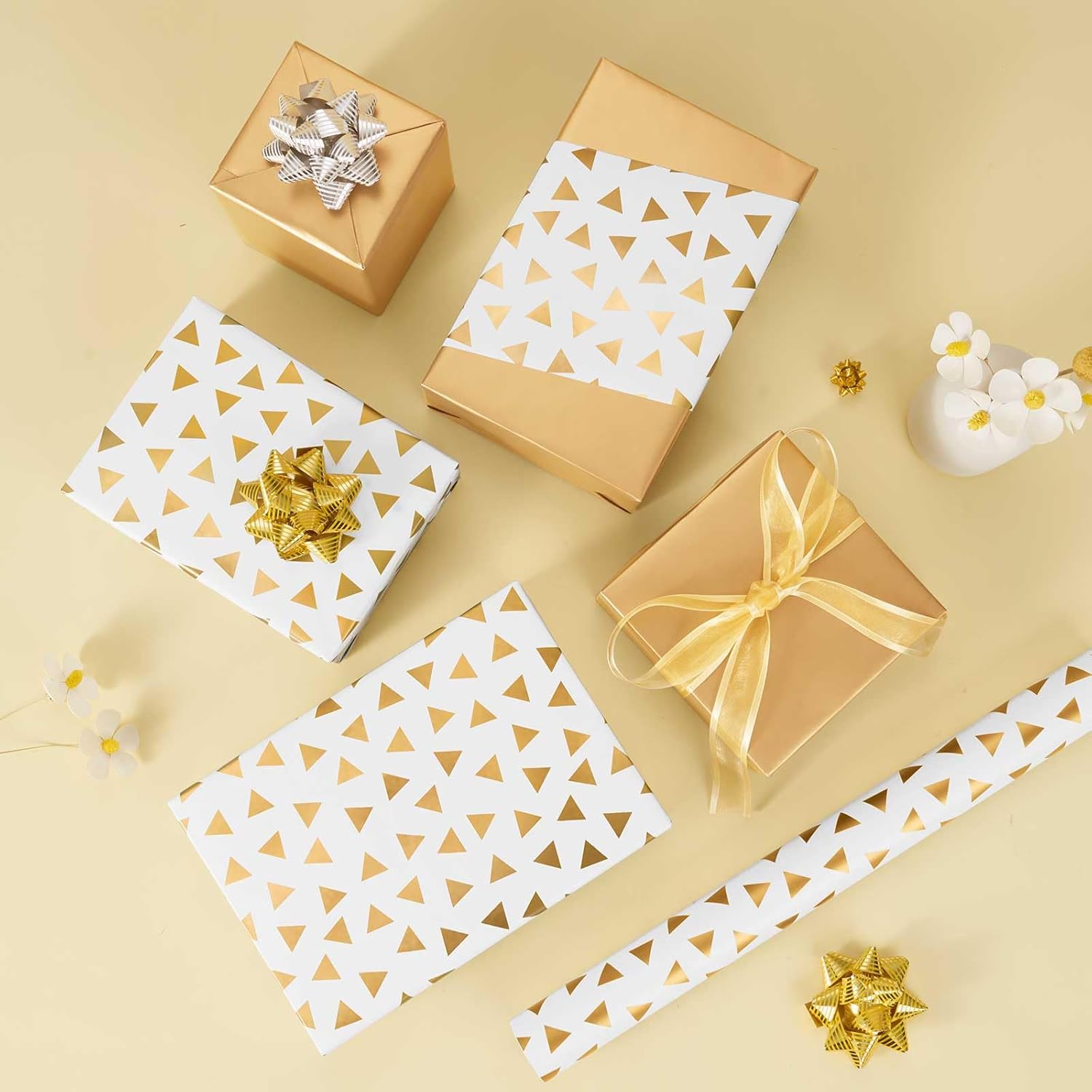 Gold Craft Gift Wrapping Paper Roll - 1 Roll 17”X 33 Ft Gold Foil Metallic Wrapping Paper Wedding Bridal Shower Wrapping Paper For Anniversary Wrap Favor Flower Wrap Supply