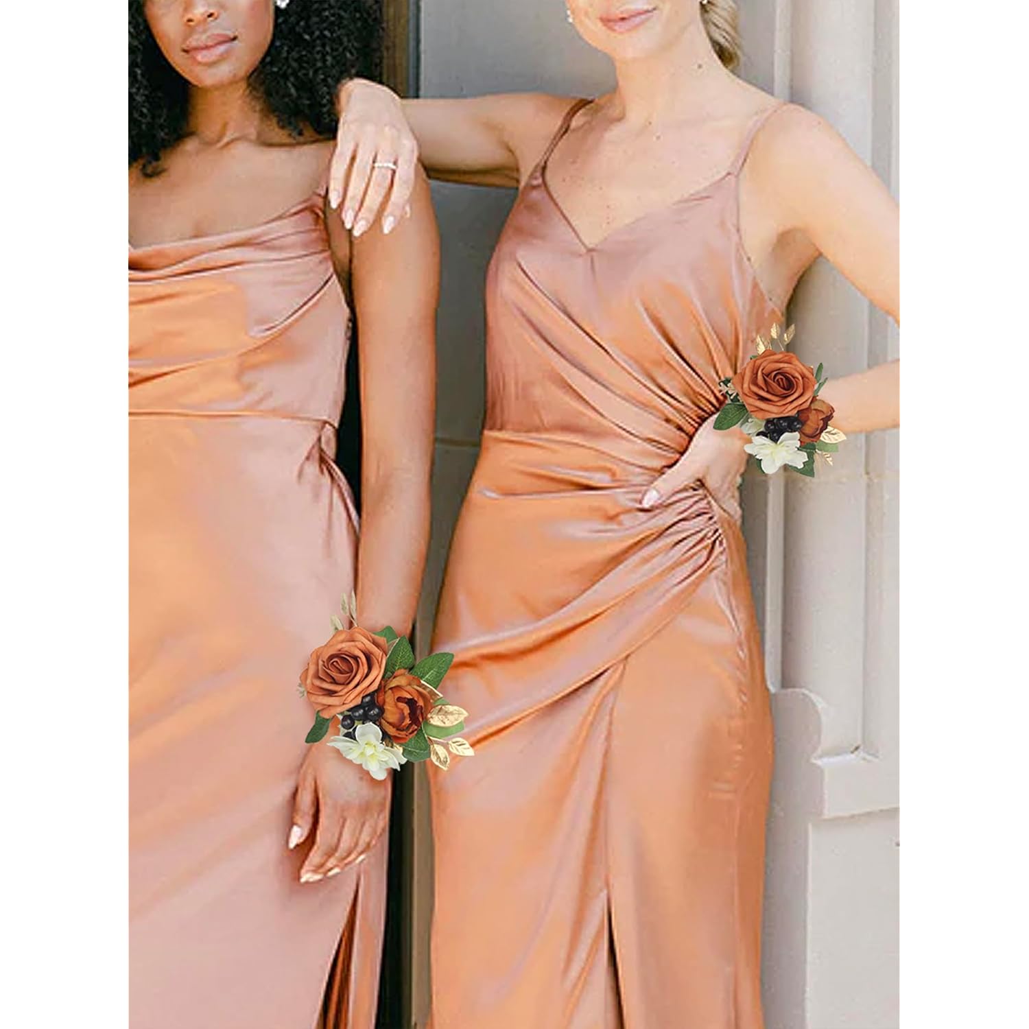 2Pcs Terracotta Wrist Corsage Artificial Flower Corsage For Fall Wedding Homecoming Prom Burnt Orange Bracelet Boho Wrist Flowers Bride Bridesmaid Flower Accessories