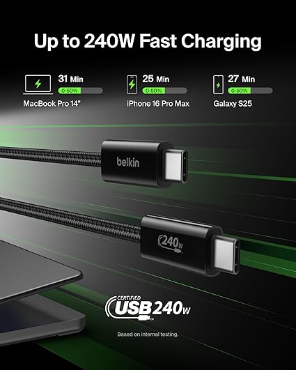 2 Pack 6.6FT USB C to USB C 240W Fast Charging Cable Braided Charger Cord for iPhone 17 Galaxy S26 MacBook iPad Pixel