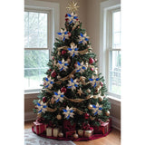3Pcs Poinsettia Christmas Flowers Artificial 11" Large Blue And Gold Glitter Poinsettia Flowers Christmas Tree Ornaments Floral Picks For Tree Wreath Garland Vase Table Centerpiece Home Decor