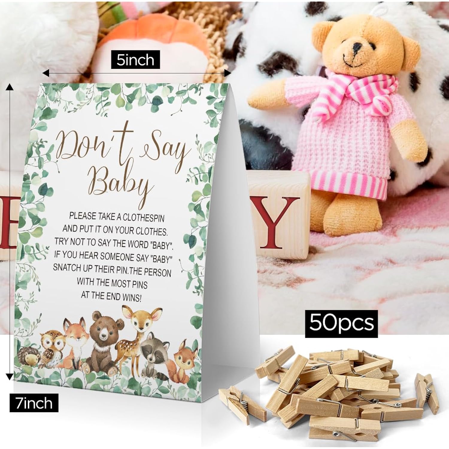Don'T Say Baby Baby Shower Game, Woodland Baby Shower Decoration, Animals Don'T Say Baby Sign, Fun Baby Shower Games, Clothespins For Baby Shower-Dsba23