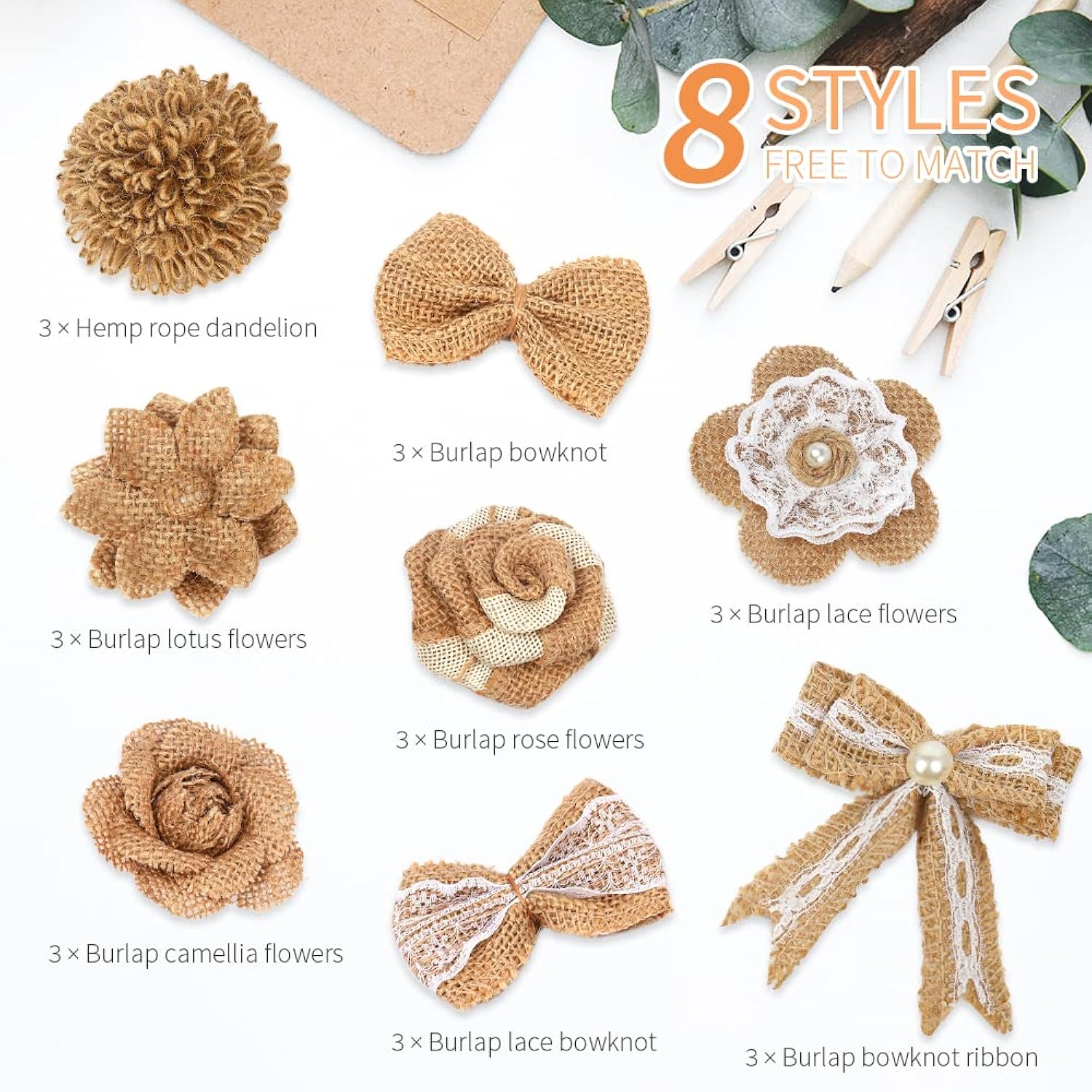 24Pcs Burlap Flowers, Artificial Plants, 8 Styles Natural Handmade Rustic Rose Flower Bowknot With Faux Pearls For Diy Craft Bouquets Home Wedding Party Decoration