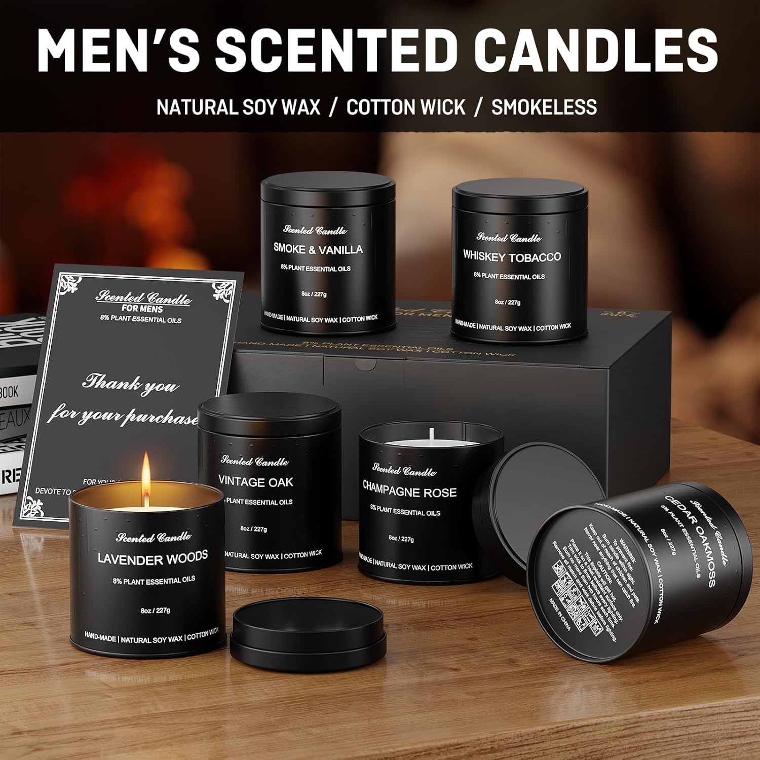 Men Scented Candle Set | Gifts For Men Aromatherapy Candles | 6 Pack Fragrances Black Tin Jar Candles | Scented Candle For Home,Work,Party | Manly Soy Candle Gifts For Boyfriend,Farther And Christmas