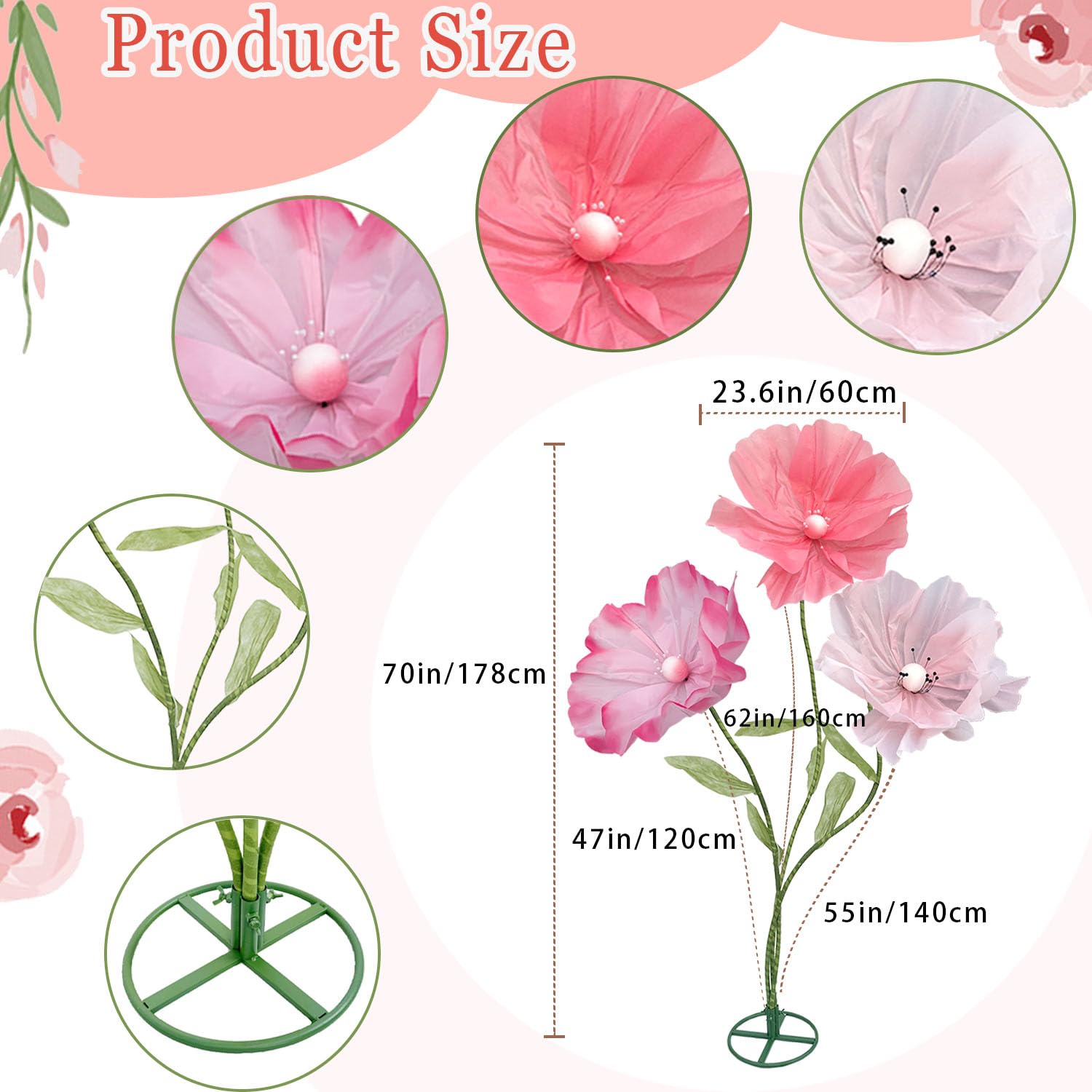 5.9 Ft Giant Flowers For Decoration, Large Paper Artificial Flowers, Standing Huge Handcrafted Flowers For Wedding, Hotel, Office, Photography Props, Art Gallery, Shop Window Display(Pink Series)