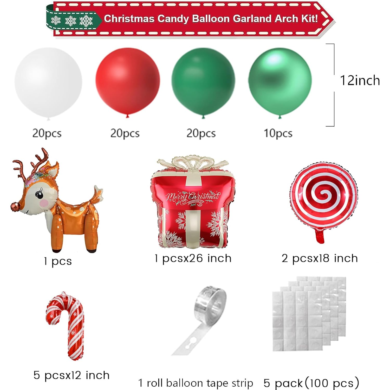Christmas Balloons Garland Arch Kit, 85 Pcs Red Green White Balloons With Candy Elk Santa Claus Gift Box Mylar Balloons For Candy Theme Baby Shower Birthday Christmas Party Decoration