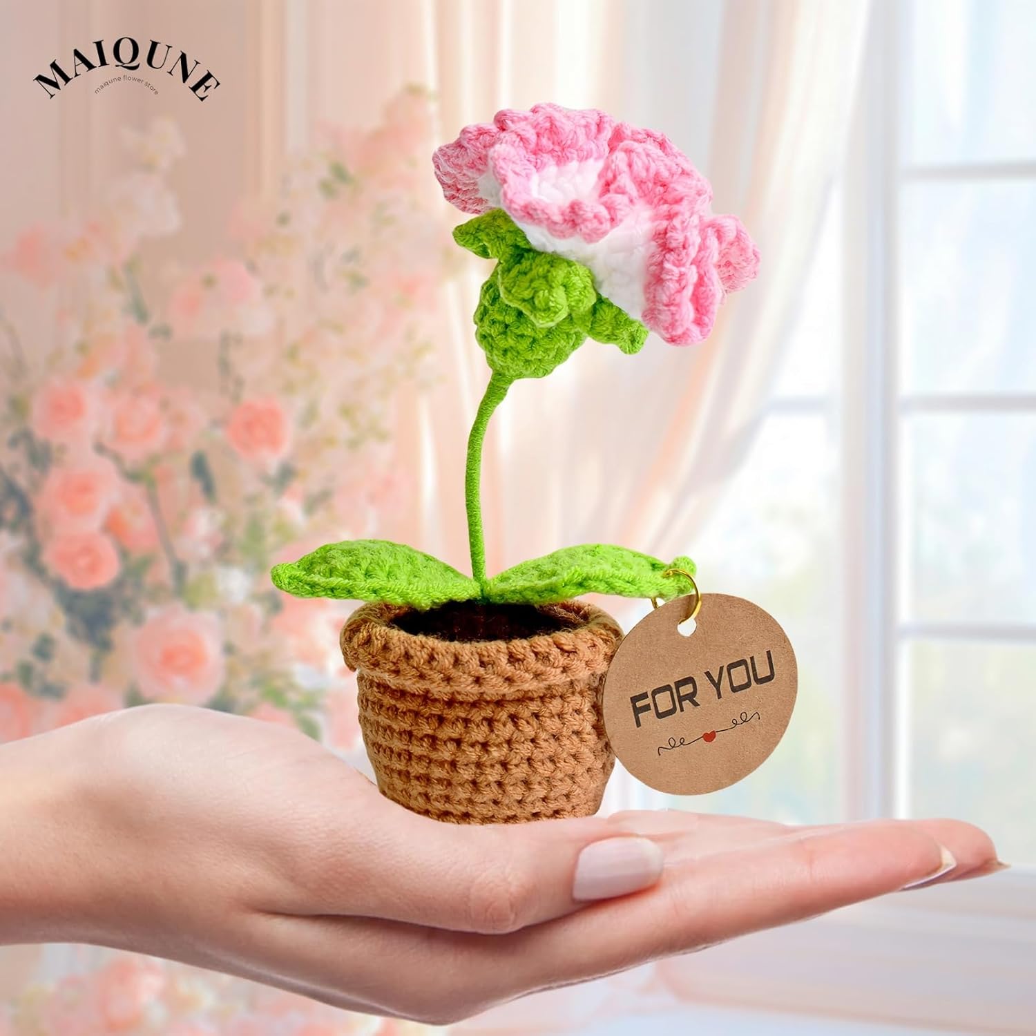 Crochet Flowers Potted Plants,Knitted Carnation Flowers,Knitting Crocheted Flower Potted Gifts For Mother,Wife,Women,Friend,Car Dashboard,Table,Home Office Car Decor