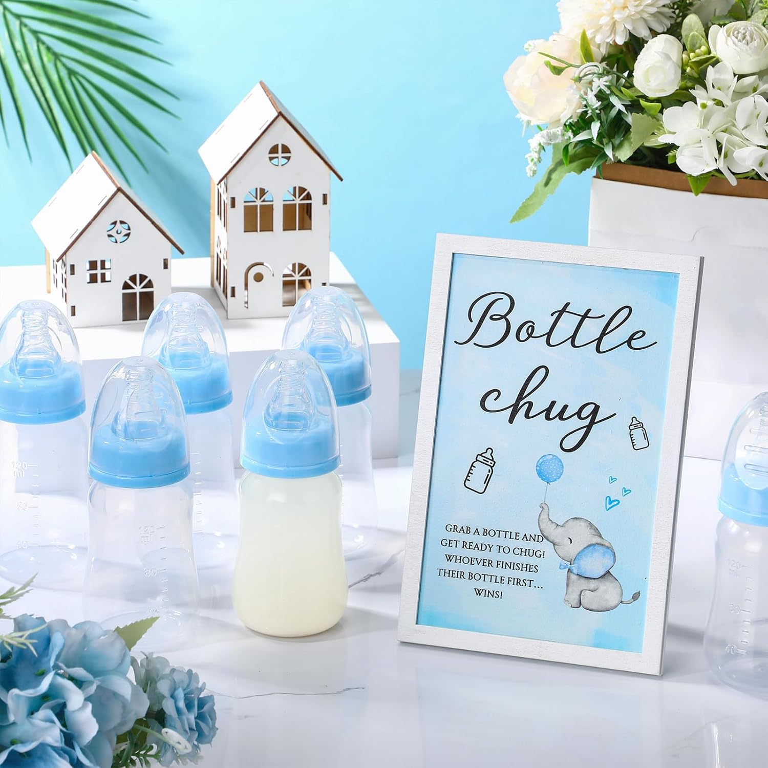 Bottle Chug Baby Shower Games Favors Including 18 Pcs Bottles With 1 Bottle Chug Wooden Sign For Gender Reveal Baby Shower Party Supplies(Blue,Elephant)
