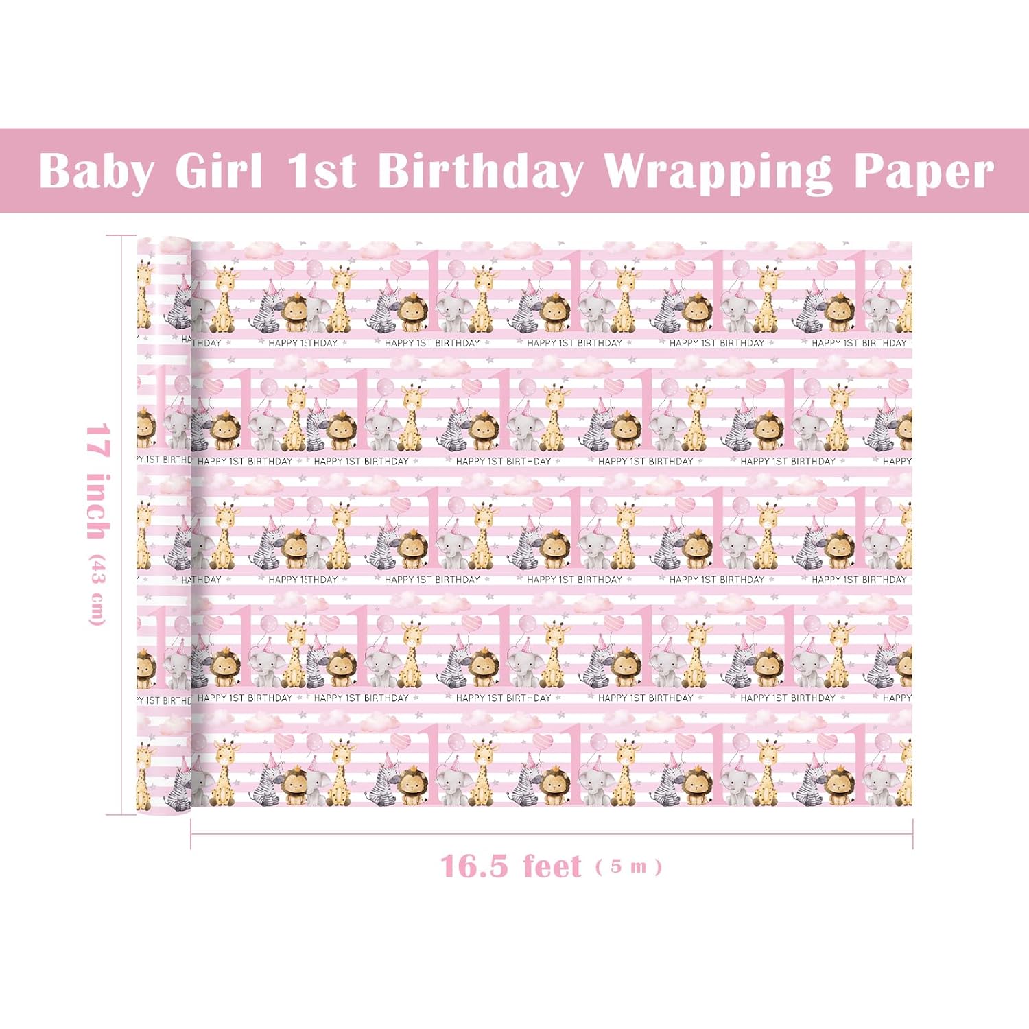 Baby Girl 1St Birthday Wrapping Paper - Mini Roll - 17 Inch X 16.5 Feet - Baby Pink Adorable Jungle Animal Wrapping Paper Perfect For Kids Girls Birthday