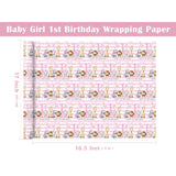 Baby Girl 1St Birthday Wrapping Paper - Mini Roll - 17 Inch X 16.5 Feet - Baby Pink Adorable Jungle Animal Wrapping Paper Perfect For Kids Girls Birthday