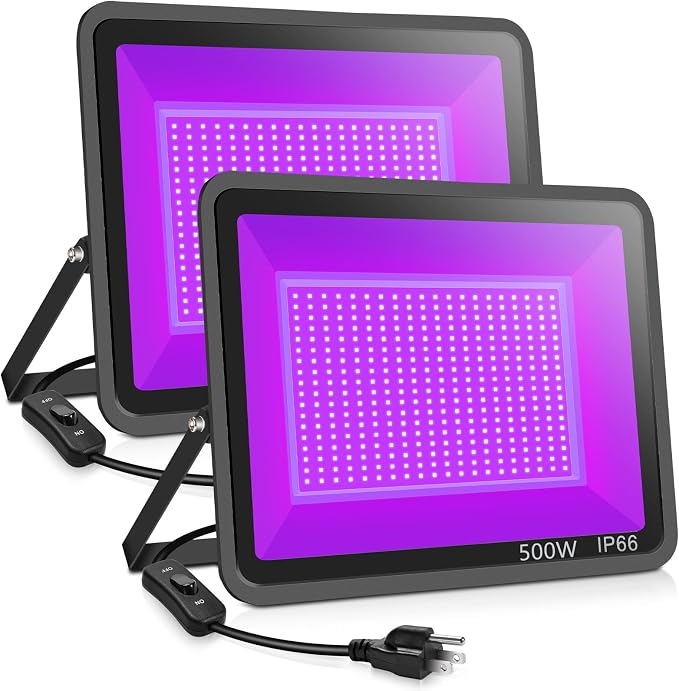 2 Pack 500W LED Black Light Flood Lights IP66 Waterproof Outdoor UV Glow Party Lighting