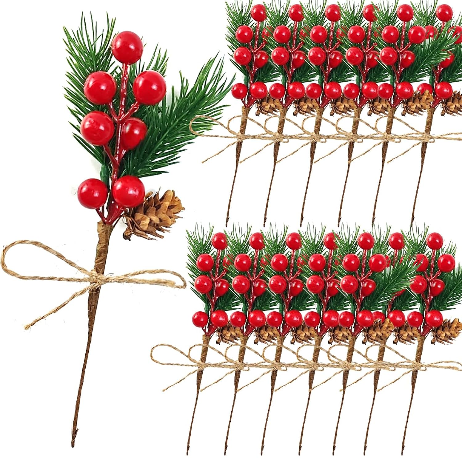 20Pcs 8Inch Pine Cone Red Berry Picks Stems Crafts Branch Christmas Wreath, Holly Artificial Evergreen Branches Tiny Pine Cones Picks Décor Floral Picks For Christmas Flower Wreaths Diy