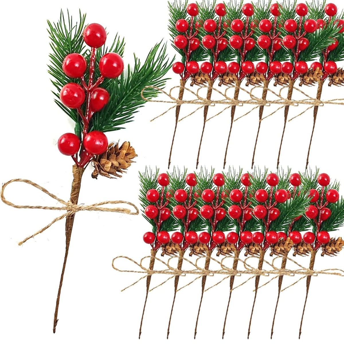 20Pcs 8Inch Pine Cone Red Berry Picks Stems Crafts Branch Christmas Wreath, Holly Artificial Evergreen Branches Tiny Pine Cones Picks Décor Floral Picks For Christmas Flower Wreaths Diy