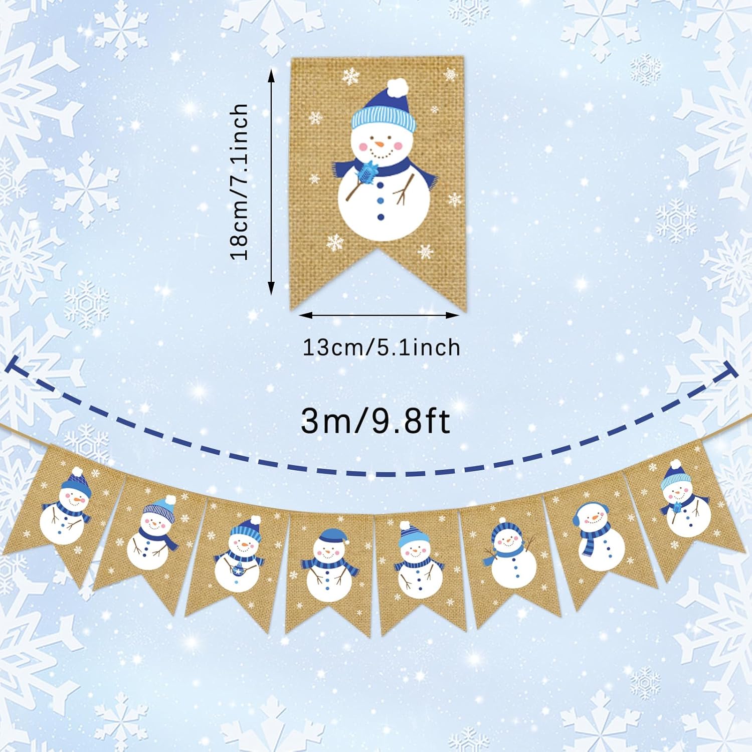 Winter Burlap Banner Blue White Snowman Snowflake Pre-Assembled Bunting Garland For Christmas Winter Holiday Party Hanging Decorations