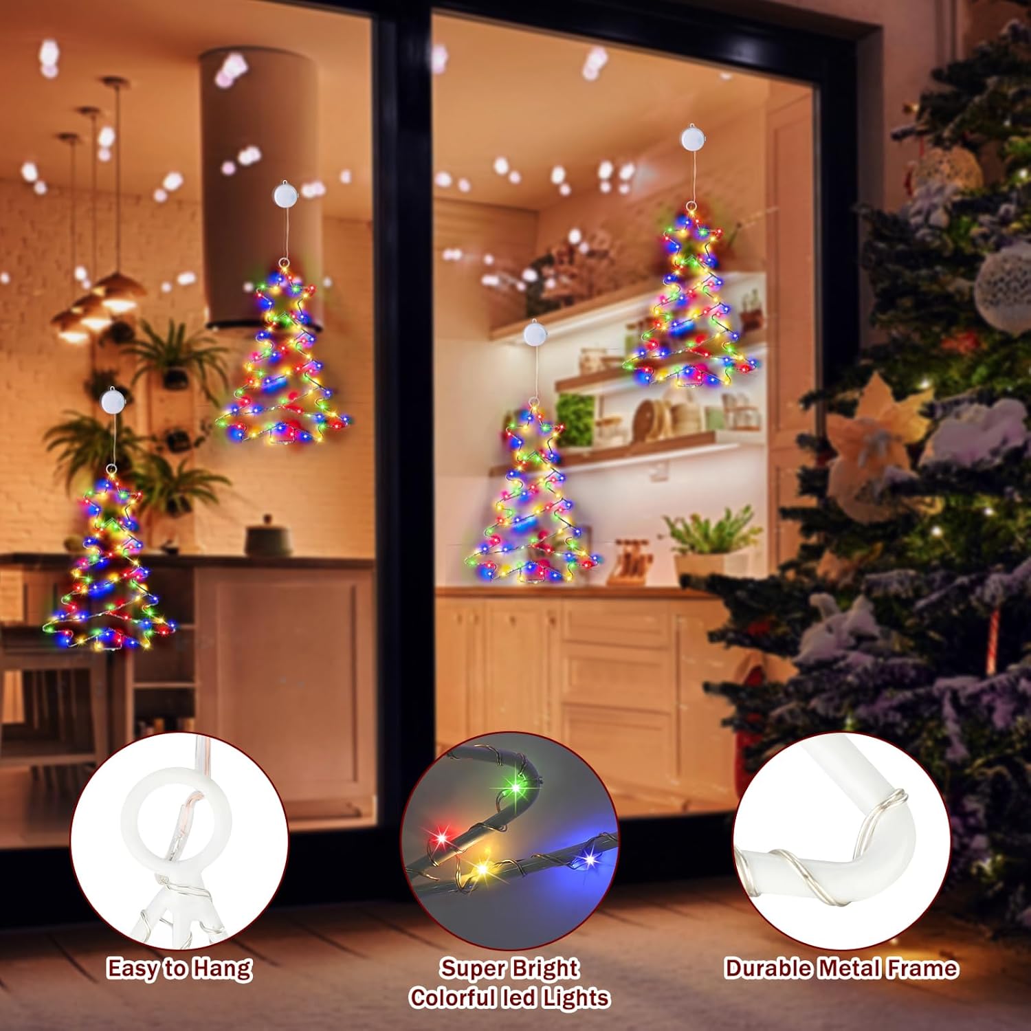 Christmas Window Lights, 2 Pack Lighted Metal Framed Xmas Tree Shaped Christmas Decorations With Suction Cups, Battery O