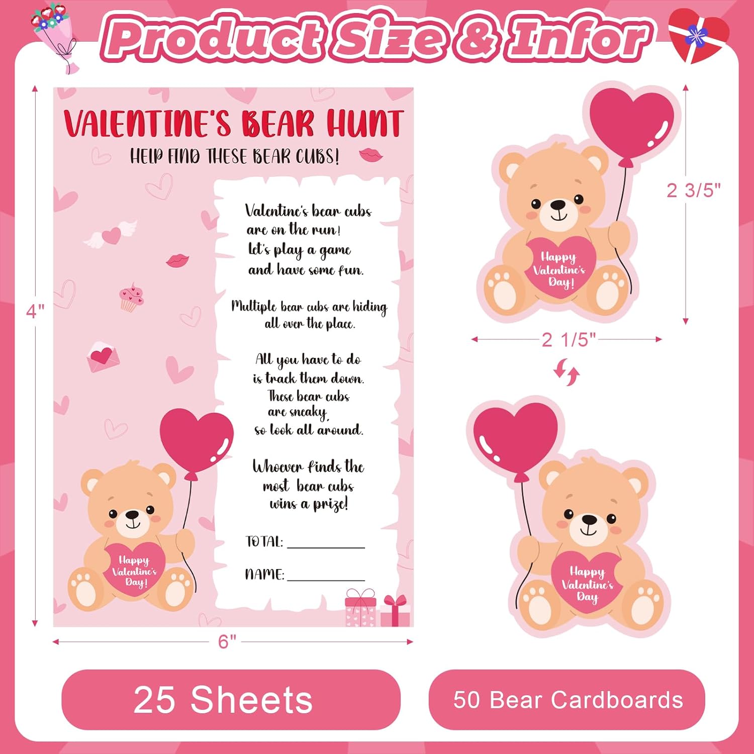 Valentine'S Day Games For Classroom Party Family Adults Office Large Groups, Valentines Bear Bub Hunt Game School Activities With 50 Paper Bears - 25 Players (Bear Hunt)