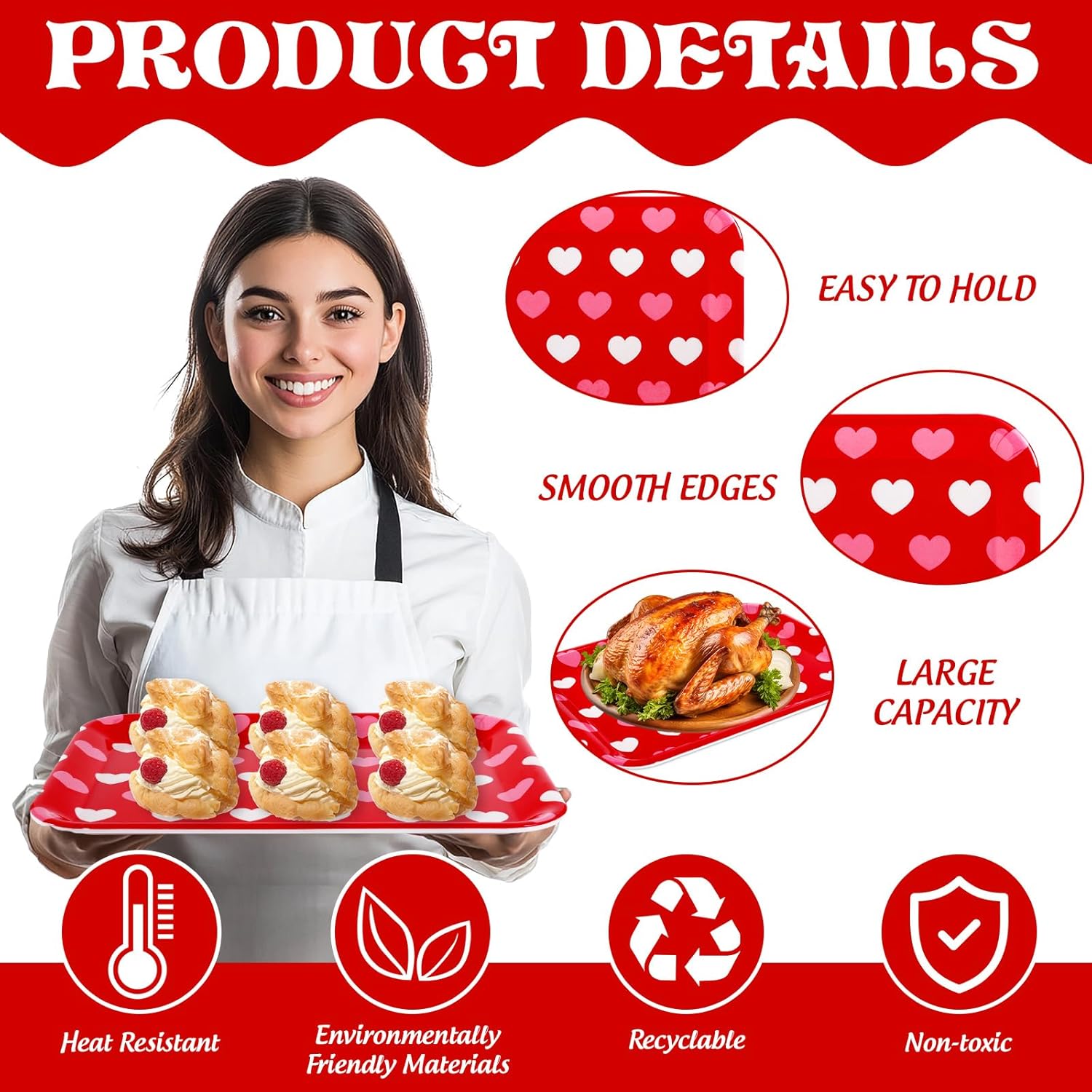 3Pcs Valentine' S Day Serving Trays Reusable Serving Dishes Red Pink Heart Decorative Platter For Wedding Party Sharing Snacks Fruits Dessert, 13 X 10 Inch