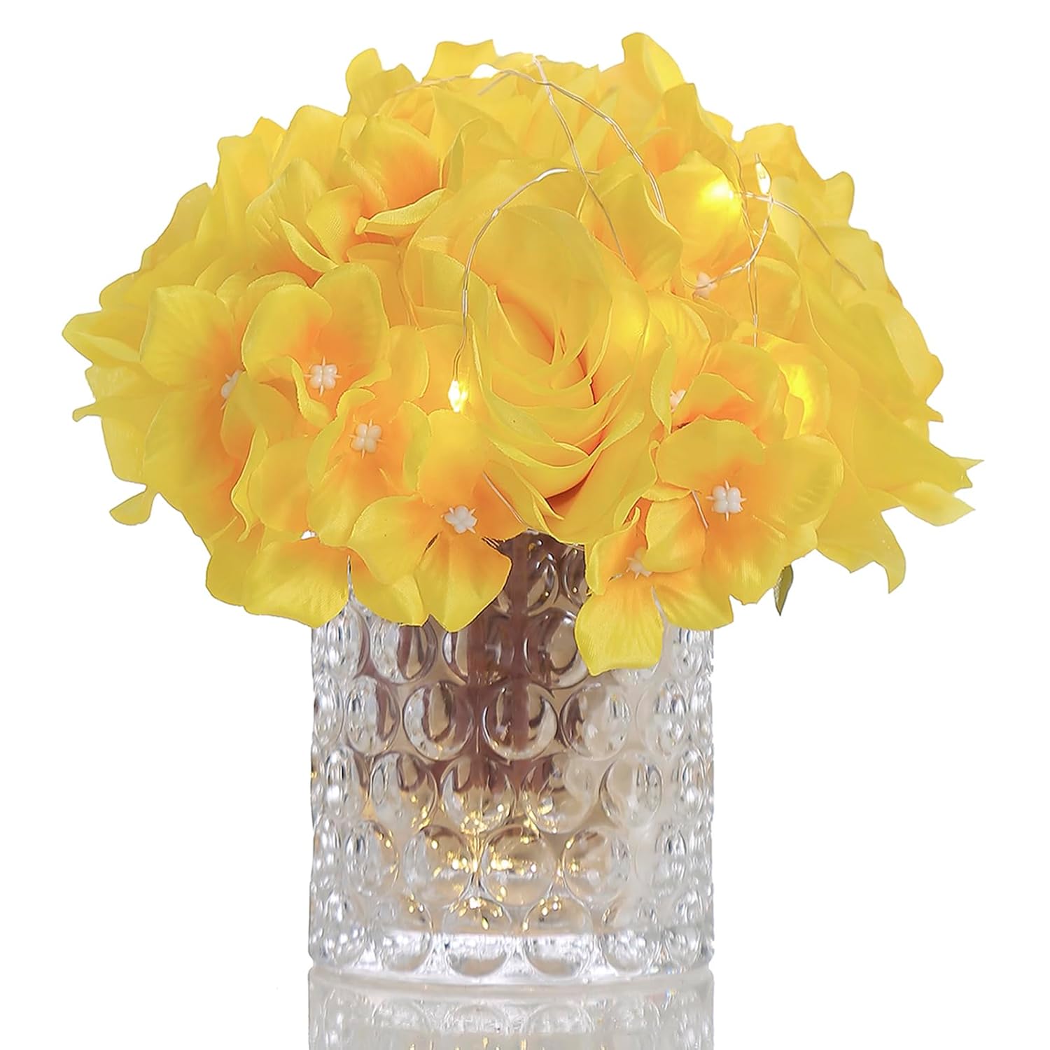Rose Silk Flower Arrangement Artificial Vivid Rose In Glass Vase With Led Light Elegant Centerpiece For Home Wedding Bathroom Table Shelf Decoration (Yellow)