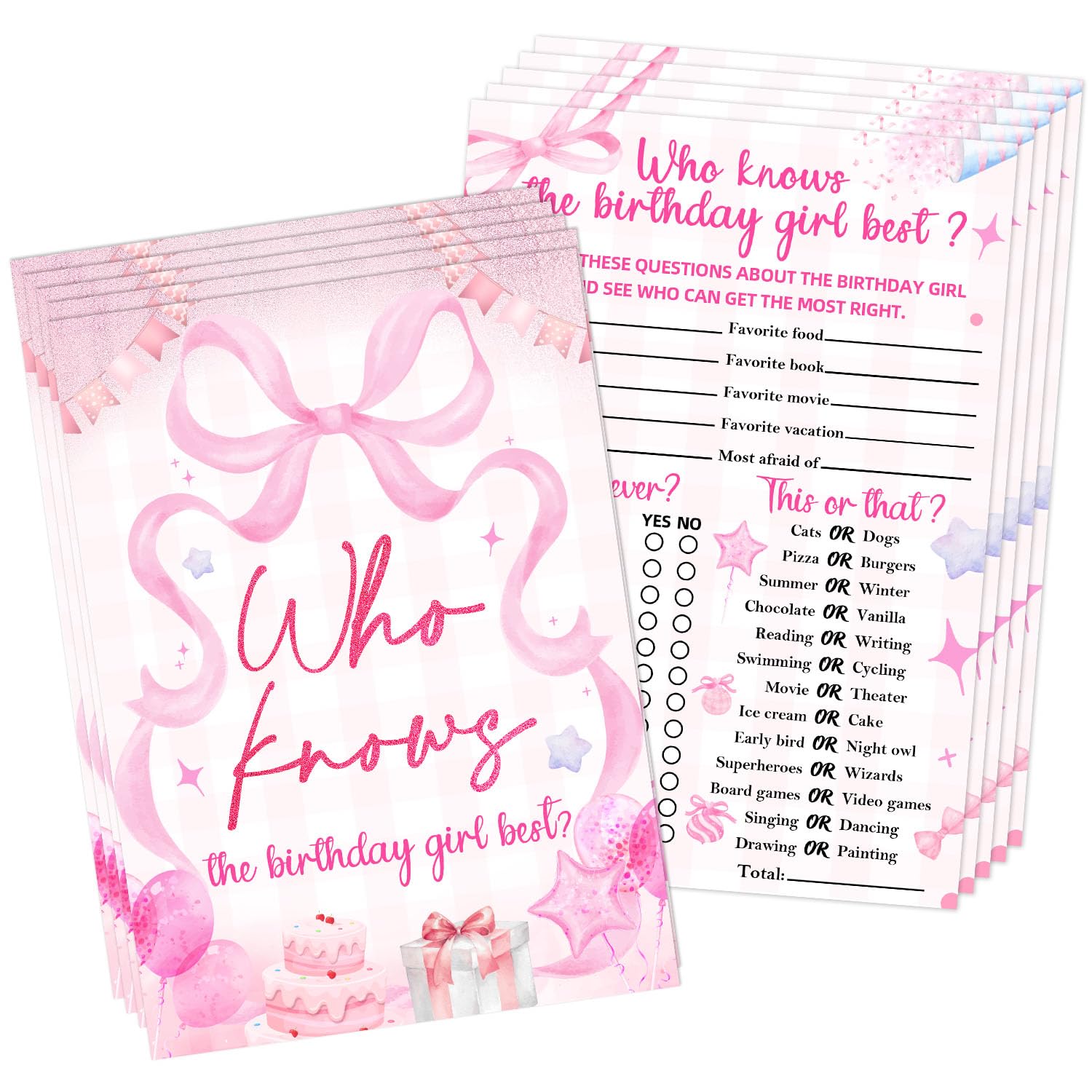30 Pcs Pink Who Knows The Birthday Best Game Cards, Birthday Party Game, Bow Themed Questionnaire Card, For Sleepover Slumber Birthday Party Supplies, 5 * 7 Inch