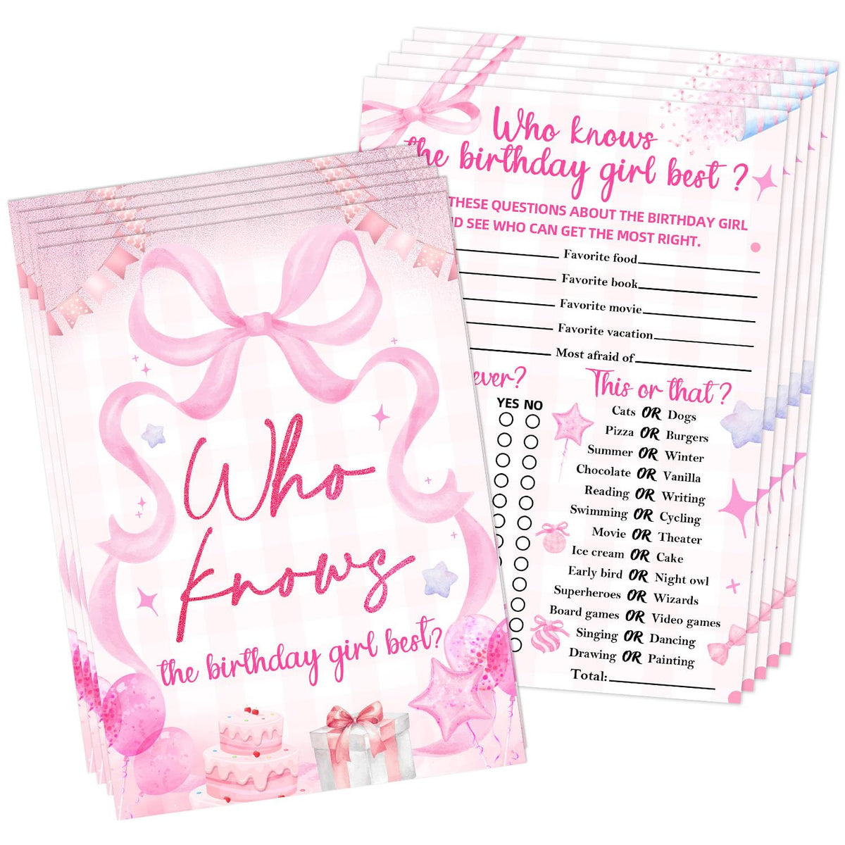 30 Pcs Pink Who Knows The Birthday Best Game Cards, Birthday Party Game, Bow Themed Questionnaire Card, For Sleepover Slumber Birthday Party Supplies, 5 * 7 Inch