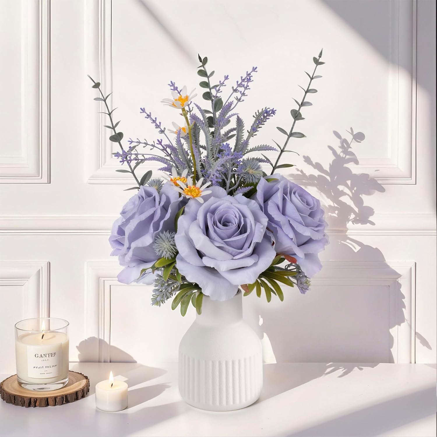 Artificial Flowers In Vase, Silk Roses Flowers Artificial Eucalyptus Lavenders Small Daisies And Fake Plants In White Ceramic Vase, Rustic Farmhouse Floral Arrangements Décor, Plants For Living Room