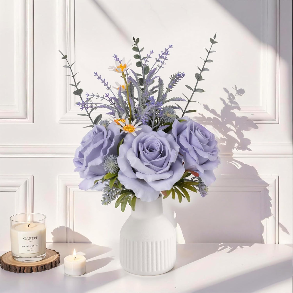 Artificial Flowers In Vase, Silk Roses Flowers Artificial Eucalyptus Lavenders Small Daisies And Fake Plants In White Ceramic Vase, Rustic Farmhouse Floral Arrangements Décor, Plants For Living Room