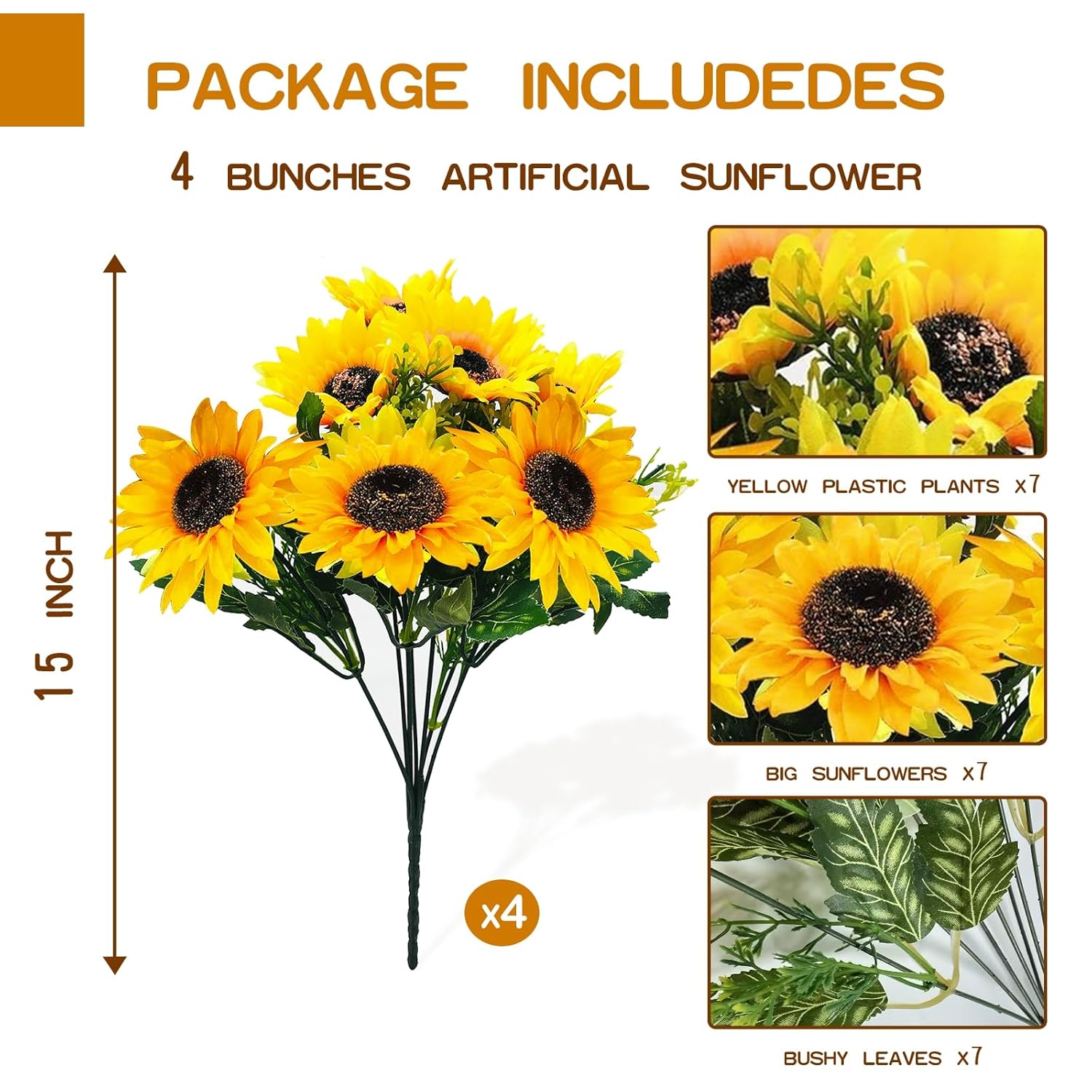 28Pcs Sunflowers Artificial Flowers For Outdoors Spring Decor, 4 Pack Fake Flowers Silk Faux Sunflower Bouquet Arrangement For Vase Wedding Table Home Cemetery Flower Summer Decor Outdoor