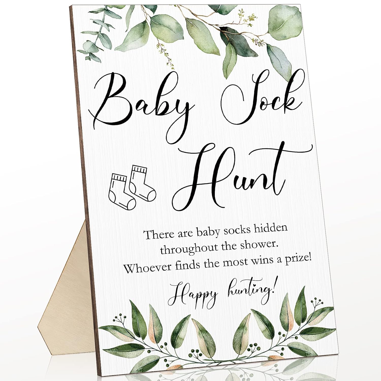 Baby Shower Games Sock Hunt Sign Wooden Tabletop Decor Greenery Gender Reveal Party Supplies Rustic Gift Sets Wooden Baby Shower Favors For Boy Girl, 5.12 X 7.87 X 0.2 Inch