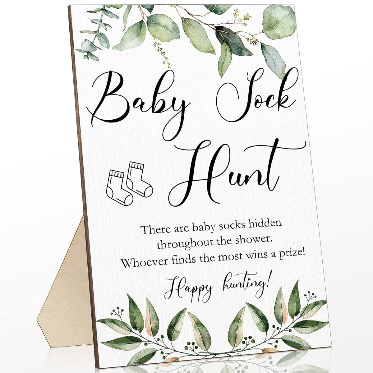 Baby Shower Games Sock Hunt Sign Wooden Tabletop Decor Greenery Gender Reveal Party Supplies Rustic Gift Sets Wooden Baby Shower Favors For Boy Girl, 5.12 X 7.87 X 0.2 Inch