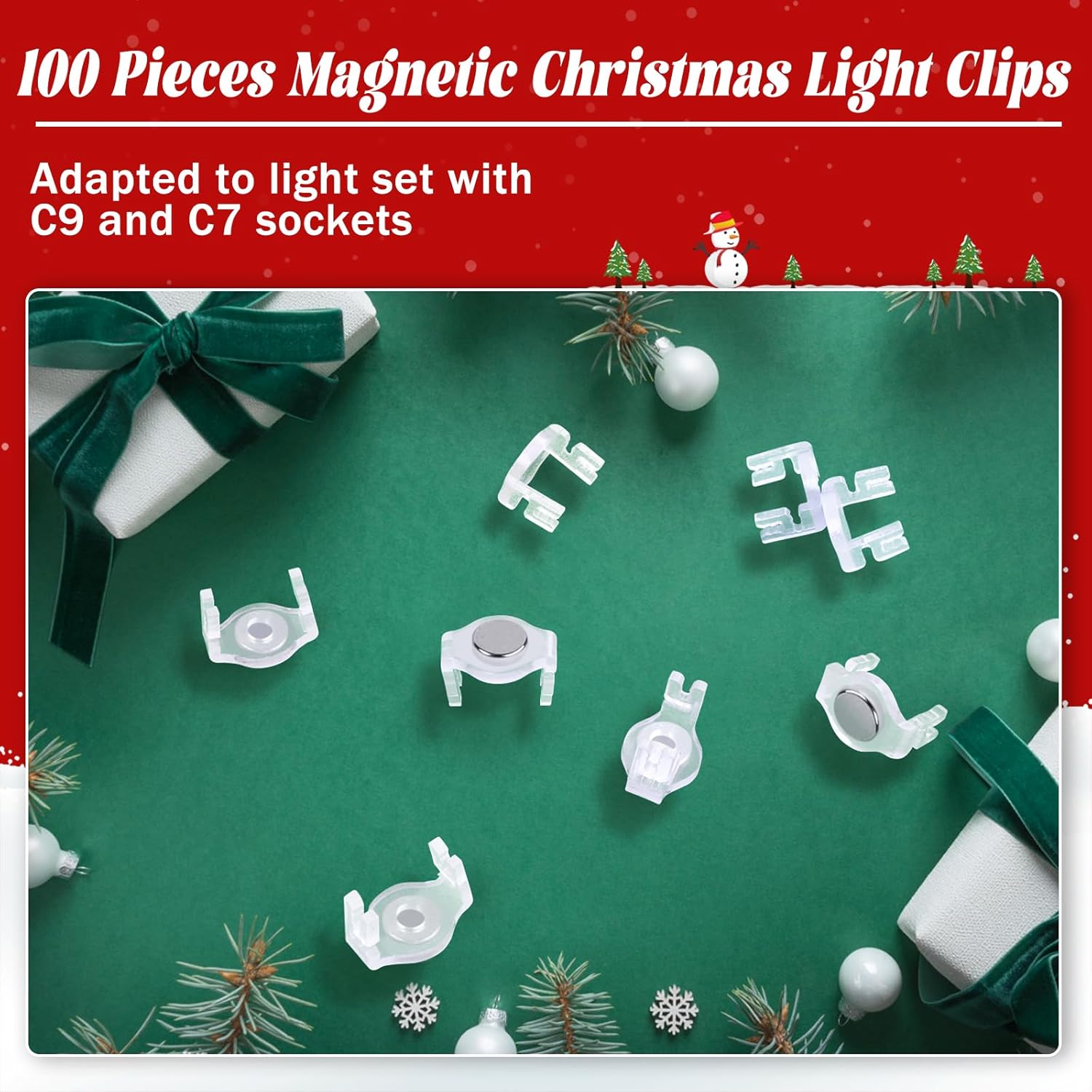 100 Pack C9 Magnetic Christmas Light Clips, Extra Strong Magnetic Clip Hooks For Christmas Lights, Magnet Light Clips For C9 C7 Sockets Metal Roof Gutters Outside Patio Holiday