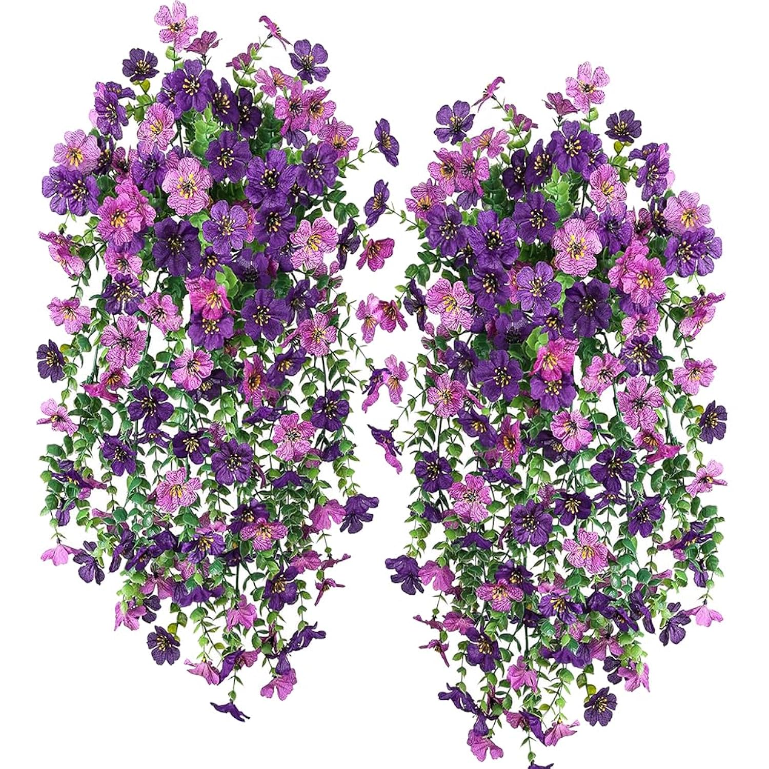 Artificial Hanging Plants Flowers Fake Outdoor Plants Artificial For Porch Hanging Faux Flowers Outdoor Home Porch Decor (2Pcs, Double Purple)