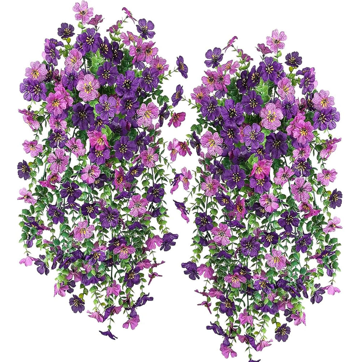 Artificial Hanging Plants Flowers Fake Outdoor Plants Artificial For Porch Hanging Faux Flowers Outdoor Home Porch Decor (2Pcs, Double Purple)