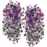 Artificial Hanging Plants Flowers Fake Outdoor Plants Artificial For Porch Hanging Faux Flowers Outdoor Home Porch Decor (2Pcs, Double Purple)