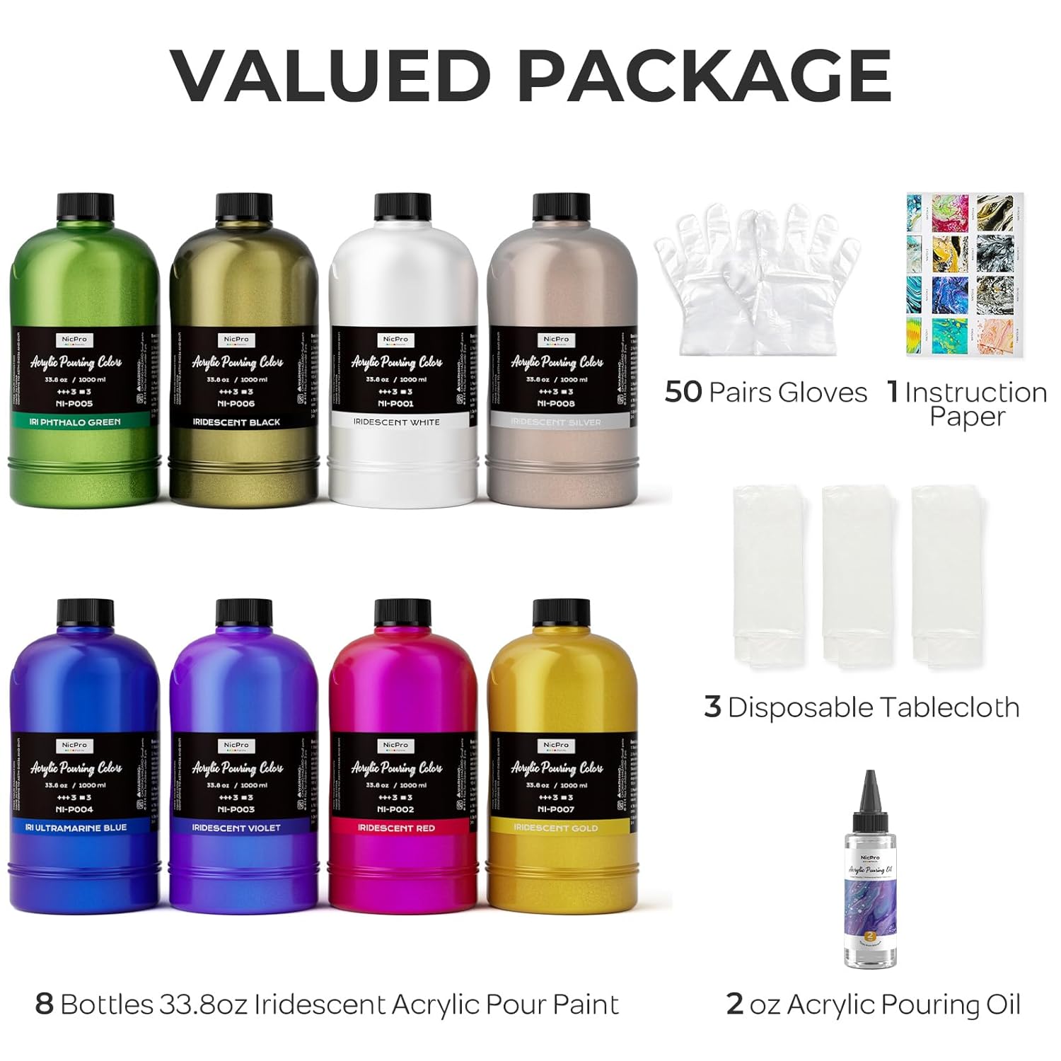 8 Colors 33.8 Oz Large Bulk Iridescent Acrylic Pouring Paint Supplies Kit, Premixed High Flow Art Pour Paint With Silicone Pour Oil, Gloves, Tablecloths For Beginner Diy, Ready To Pour