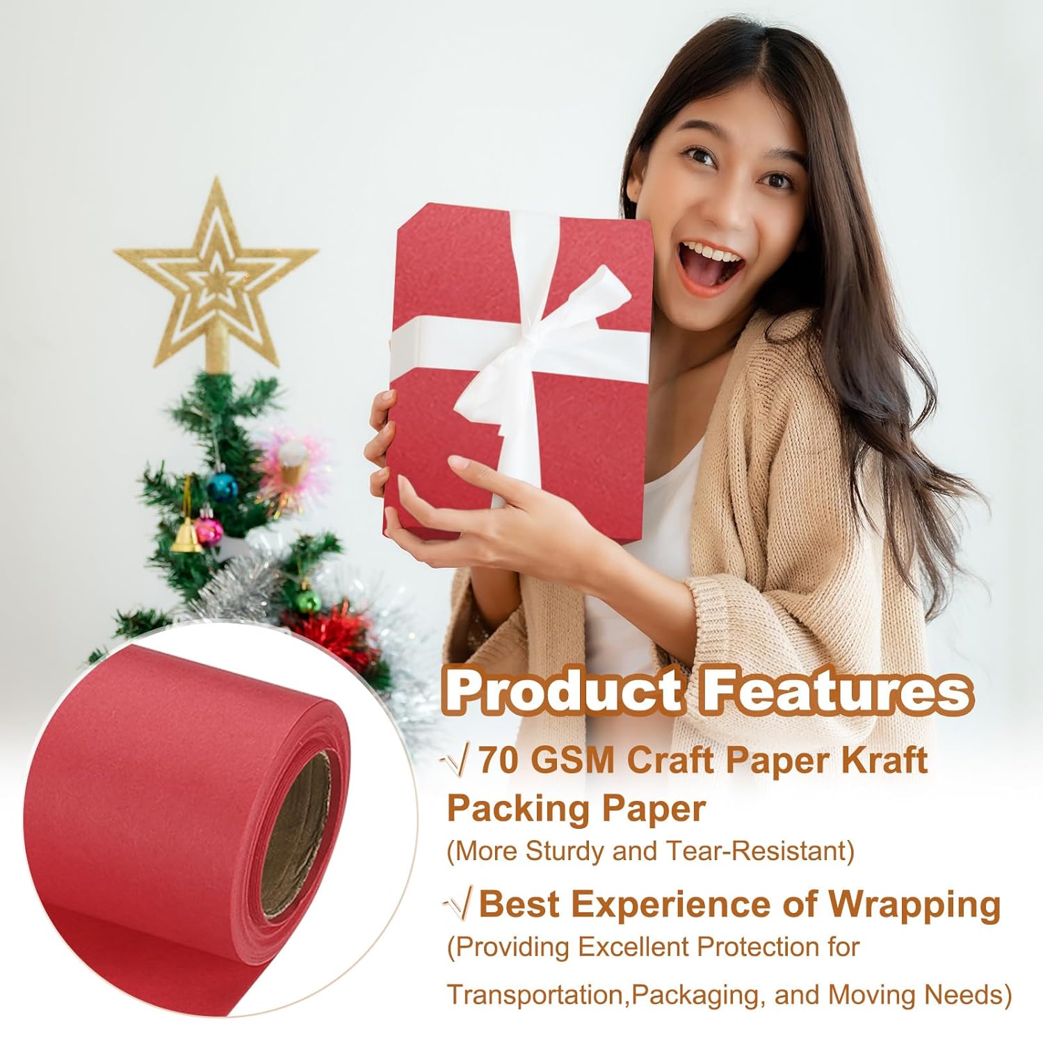 Wrapping Paper, 17" X 300"(25') 70 Gsm Craft Paper Roll Kraft Packing Paper For Poster Bulletin Board, Gift Wrapping, Red
