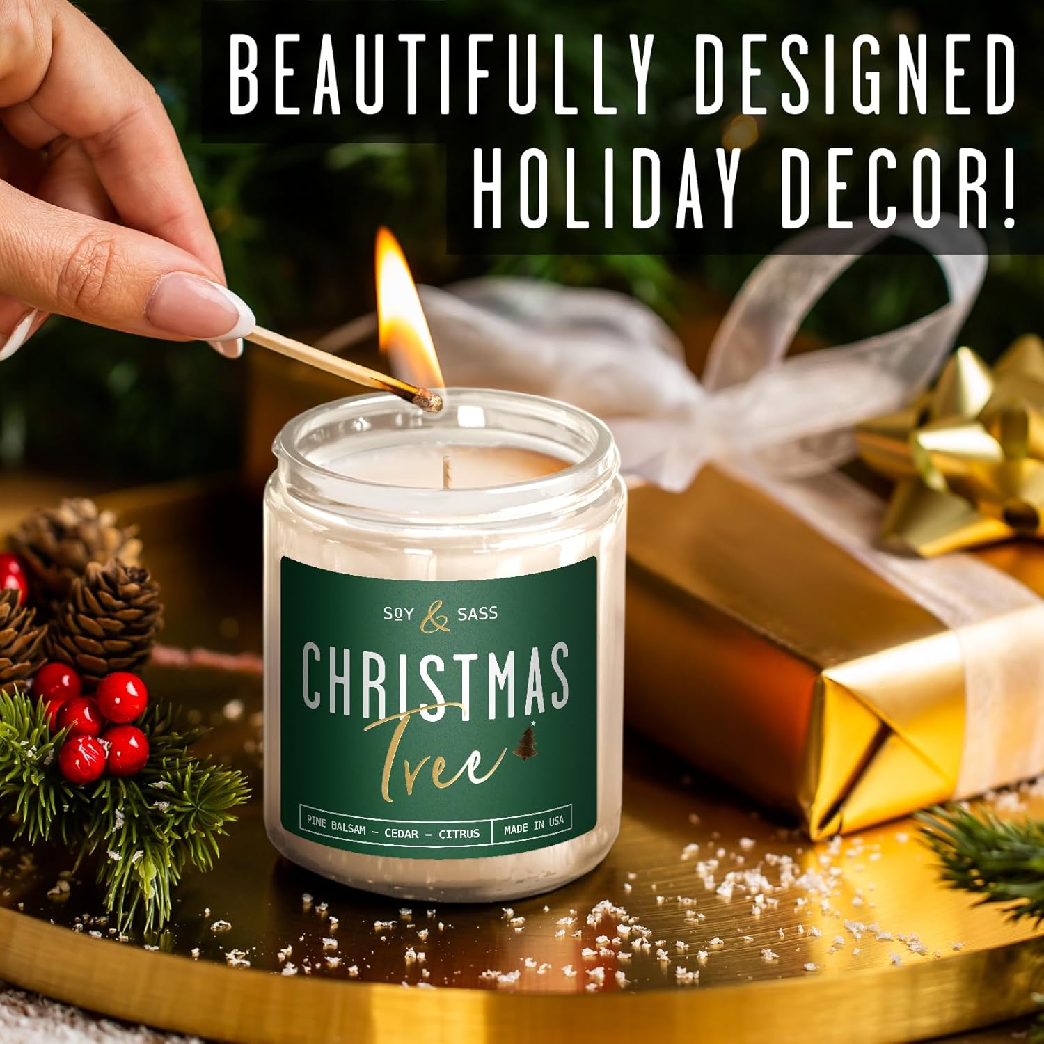Christmas Tree Candles, Christmas Candles Scented - 'Christmas Tree' Soy Candle W/Balsam, Cedar & Citrus - Infused With Essential Oils I Balsam Pine Candle I 9Oz, 50Hr, Usa Made
