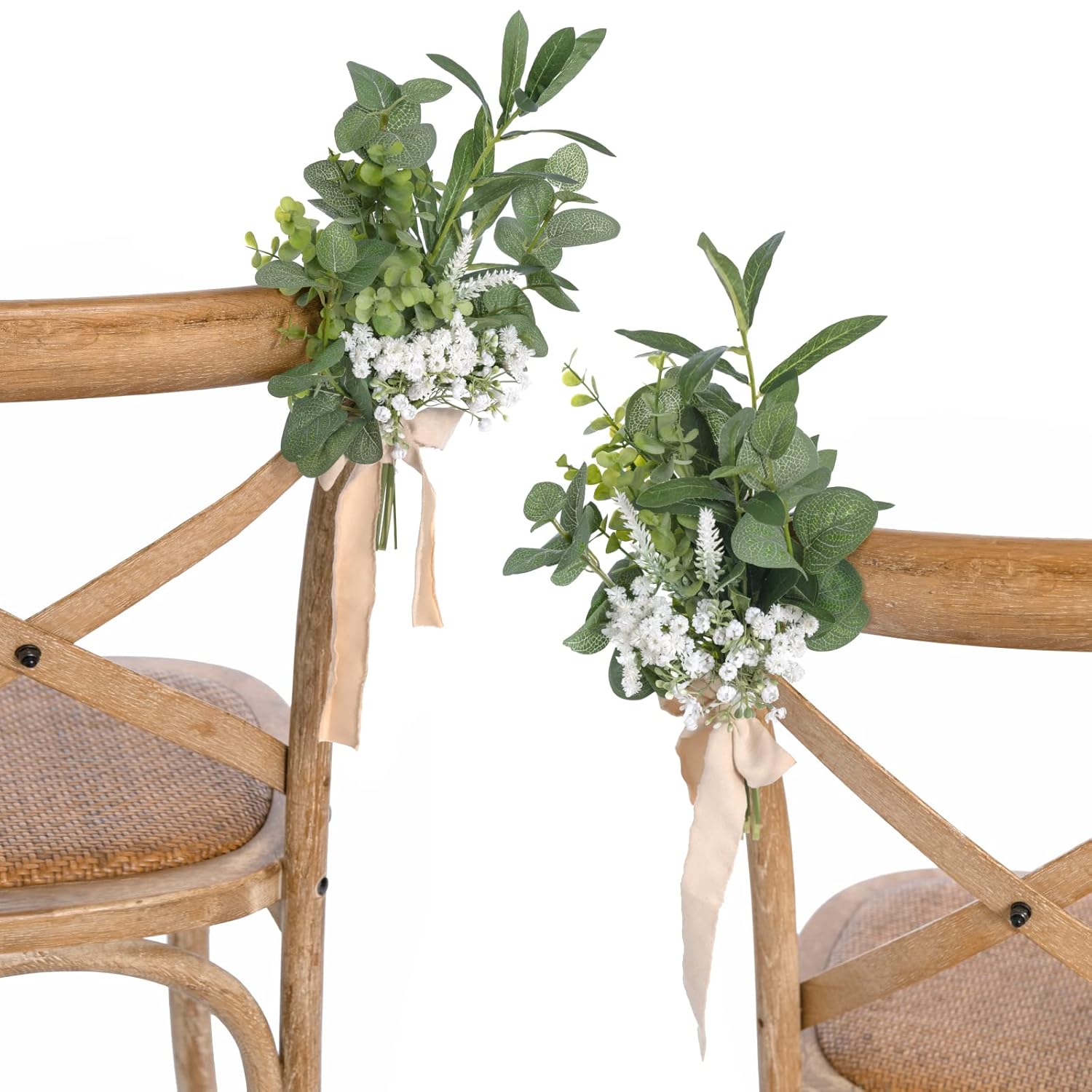 8 White Aisle Pew Artificial Flowers Arrangements Babysbreath For Wedding Ceremony Chair Back Floral Decorations With Chiffon Ribbons Sage Green Reception Church Rose Fake Party Outdoor