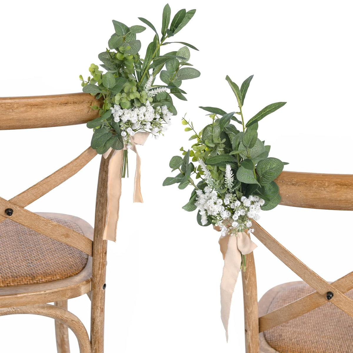 8 White Aisle Pew Artificial Flowers Arrangements Babysbreath For Wedding Ceremony Chair Back Floral Decorations With Chiffon Ribbons Sage Green Reception Church Rose Fake Party Outdoor