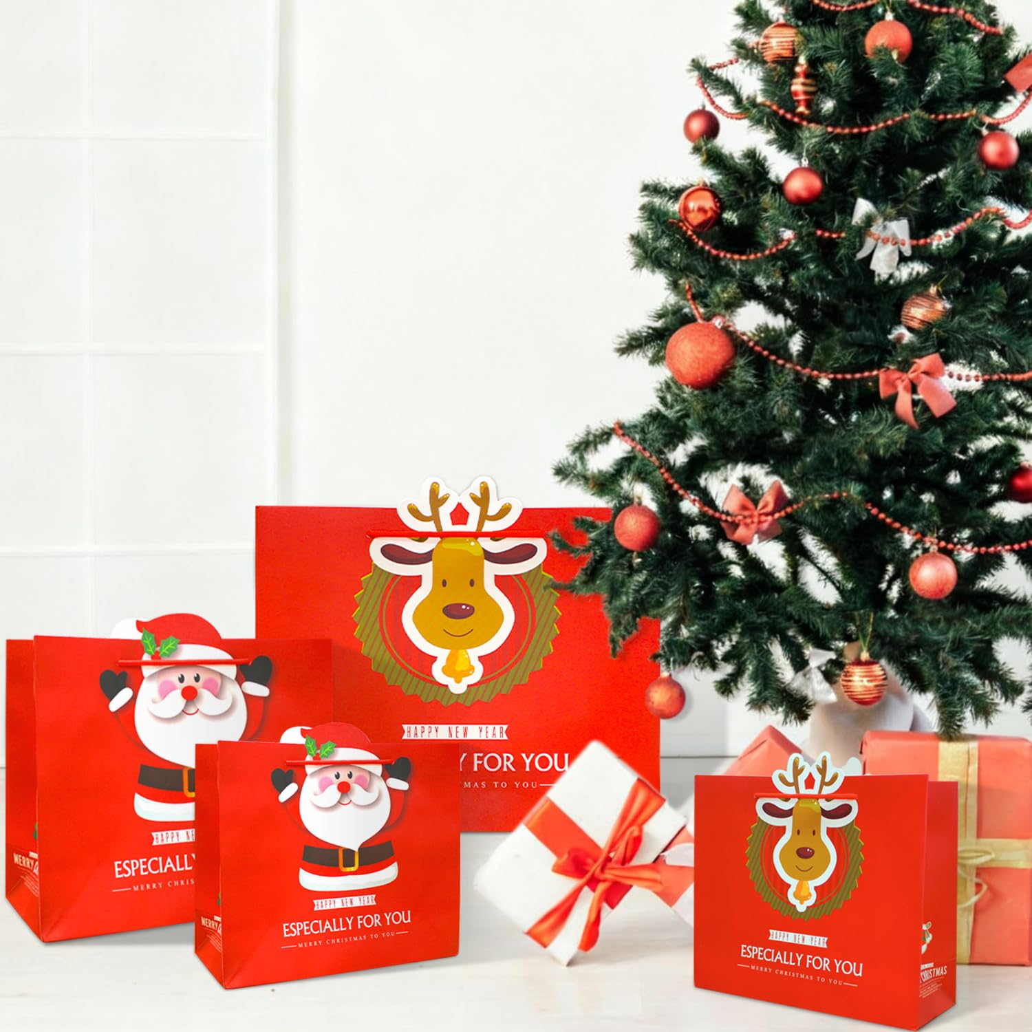 6 Pcs Christmas Gift Bags With Handle, Large M S Size Winter Holiday Paper Goodies Bag For Christmas Party Wrapping Xmas Presents, Birthday, Baby Shower