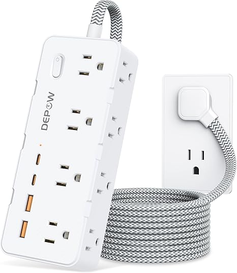 Surge Protector Power Strip 8 Outlets 4 USB Ports 2 USB C 5FT Braided Extension Cord White
