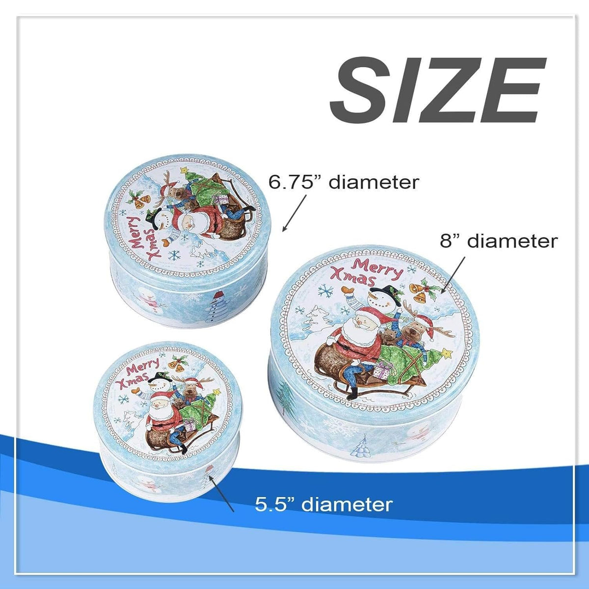 Christmas Nesting Cake Tins - 3-Set Round Nested Cookie Candy Storage Containers With Lids For Confectioneries, Holiday Decor, Light Blue And White