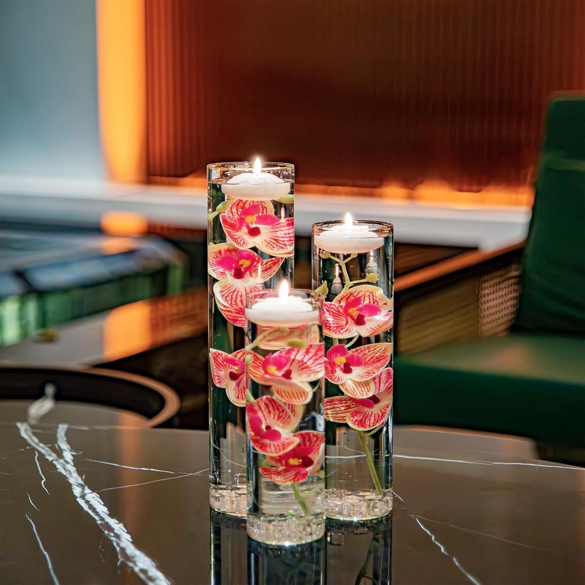 Artificial Orchid Floating Flower For Table Centerpieces Glass Cylinder Vase Fillers Floating Candles Fake Ice Cubes Peach Set For Wedding Party Pool Bar Restaurant Festival Decoration