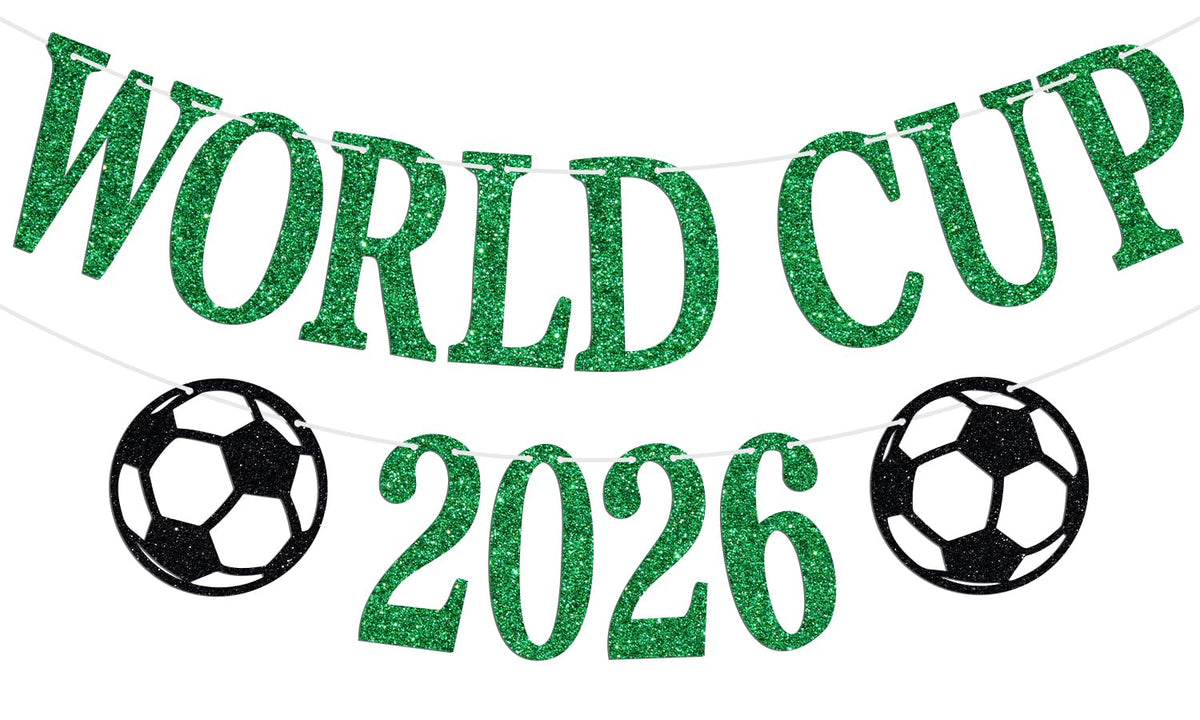 World Cup 2026 Banner, World Football Party Banner, 2026 USA Soccer Sports Birthday Bday Party Decorations Supplies Green and Black Glitter