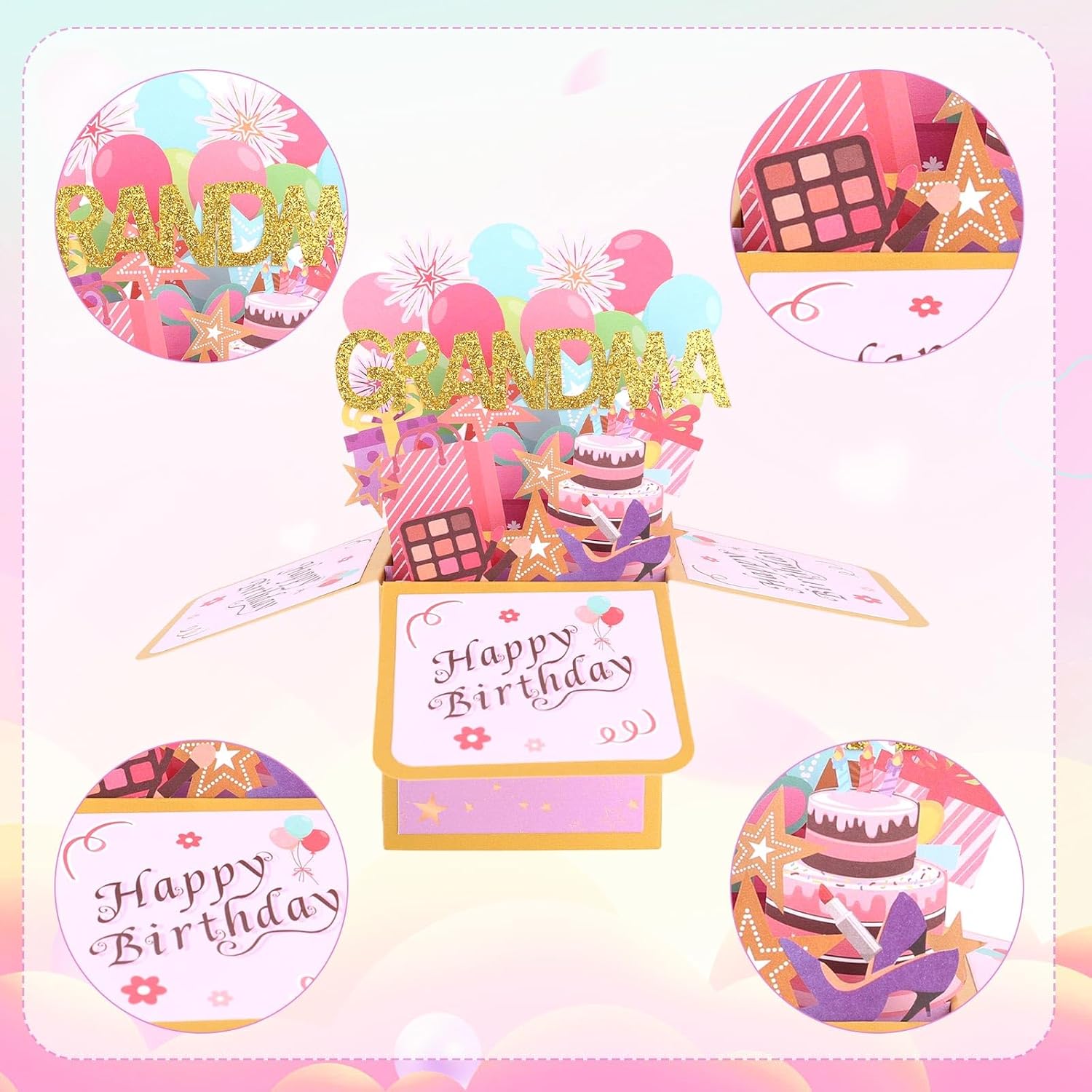 Happy Birthday Pop Up Card For Grandma, Colorful Balloons & Fireworks 3D Birthday Greeting Card With Envelope For Grandmother From Family, Creative Gift