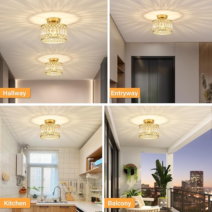9 Inch Gold Crystal Semi Flush Mount Ceiling Light Modern Fixture